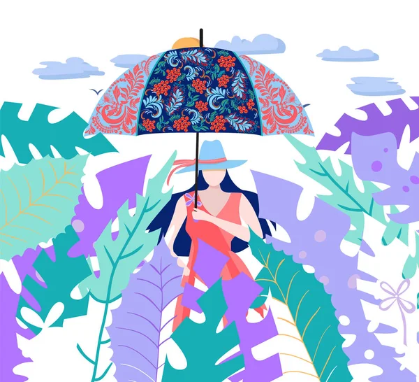 ベクトルイラスト 傘を持つ若い女性が花飾りを飾る — ストックベクタ