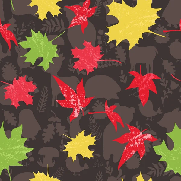 Fall Seamless forest pattern with stylized autumn leaves and cut — Stock Vector