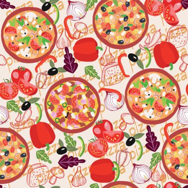 Üç farklı pizza ve pizza malzemesi ile desen