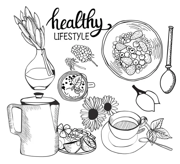 Ilustrasi dengan sarapan yang sehat Sereal granola, teh, teko teh - Stok Vektor