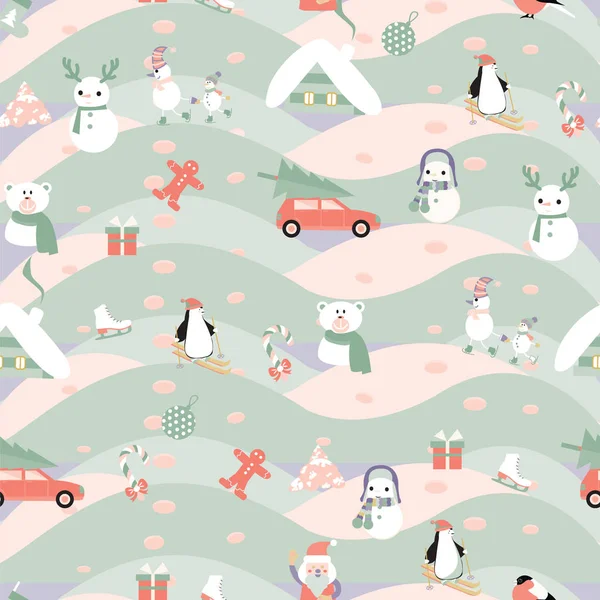 Navidad fondo invierno vacaciones esquí muñeco de nieve, pingüino — Archivo Imágenes Vectoriales