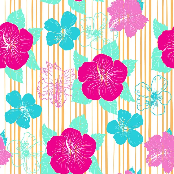 Muster mit handgezeichneten dekorativen Hibiskusblüten. — Stockvektor