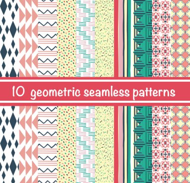 El çizimi, soyut geometrik, dikişsiz desenlerin vektör kümesi. Tasarımınız için duvar kağıdı, ambalaj, arkaplan dekorasyonu için kullanılabilir. 