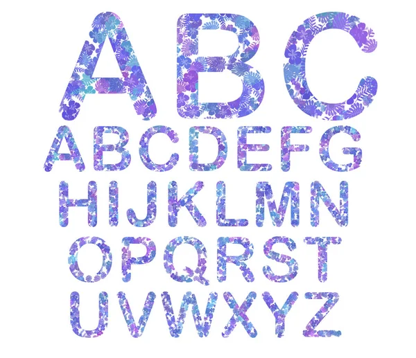 英語のアルファベット モンスターの葉やハイビスカスの花と大文字のイラスト 手描きの熱帯フォント — ストック写真
