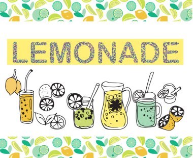 Beyaz arka planda narenciye limonatasının el çizimi. Bir sürahi limonata ve limon dilimleriyle yaz içeceği.. 