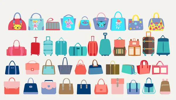 Stor Uppsättning Färgglada Snygga Tecknade Kvinnor Väskor Resväskor Och Turistbagage — Stock vektor