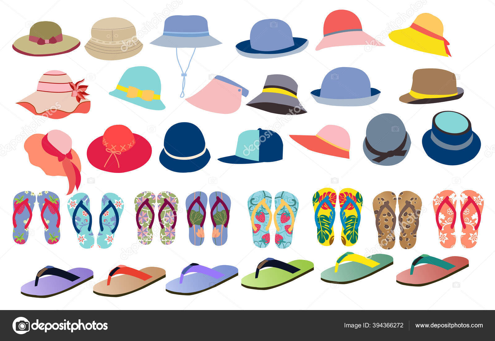Vector Set Cute Colorful Summer Accessories Hats Flip Flops Beach