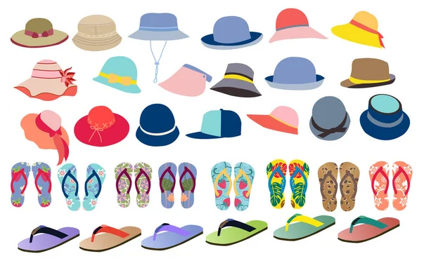 Vector Set Cute Colorful Summer Accessories Hats Flip Flops Beach — Stock Vector