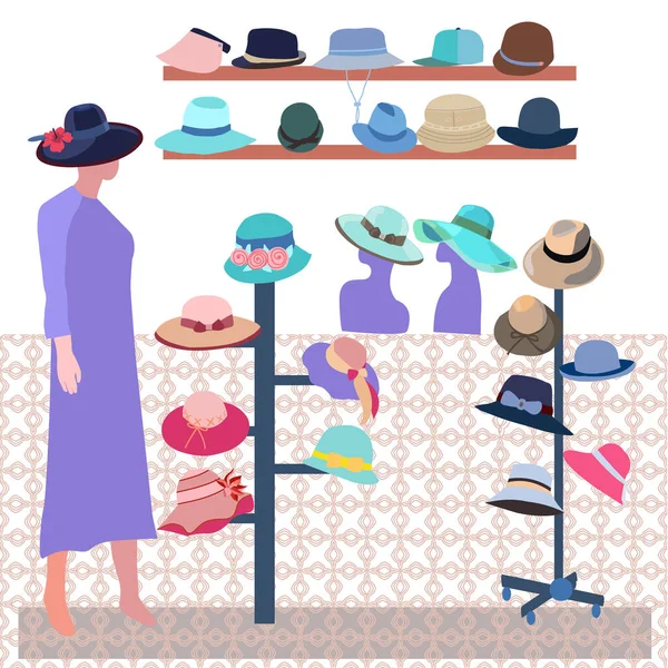 Vector Dibujado Mano Boutique Tienda Moda Interior Sombreros Modernos Tienda — Archivo Imágenes Vectoriales