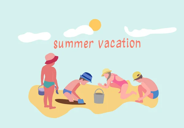 Набір Векторних Малюнків Ілюстрація Дітей Активний Відпочинок Пляжі Літній Піщаний — стоковий вектор