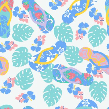 Çiçek amblemi ve parmak arası terliklerle dolu vektör yaz geçmişi. Pastel renklerde, kusursuz tropikal duvar kağıdı..