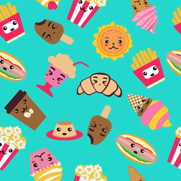 Seamless pattern with fast food cute background. Coffee, burger, french fries, ice cream, hot dog, popcorn, cupcake Kawai and cute food illustration
