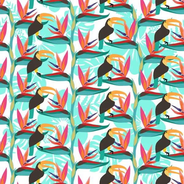 Mönster Med Fågel Paradiset Blomma Tropisk Växt Och Med Toucan — Stock vektor
