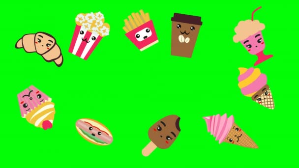 패스트 푸드귀여운 배경으로 애니메이션화되었습니다 햄버거 감자튀김 아이스크림 핫도그 컵케이크 패스트 — 비디오