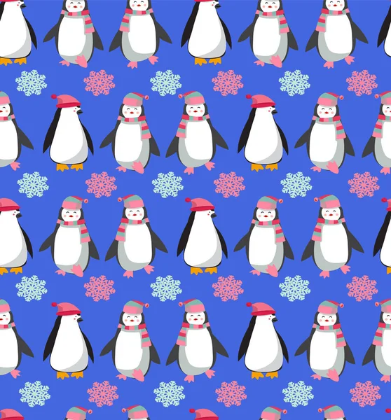 Vector Seamless Pattern Cute Penguins Character Christmas Background Polar Penguins — Stock Vector