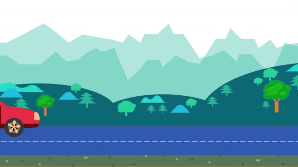 汽车动画以乡村为背景 移动的山和树的背景 动漫动漫车动画 循环镜头4K — 图库视频影像