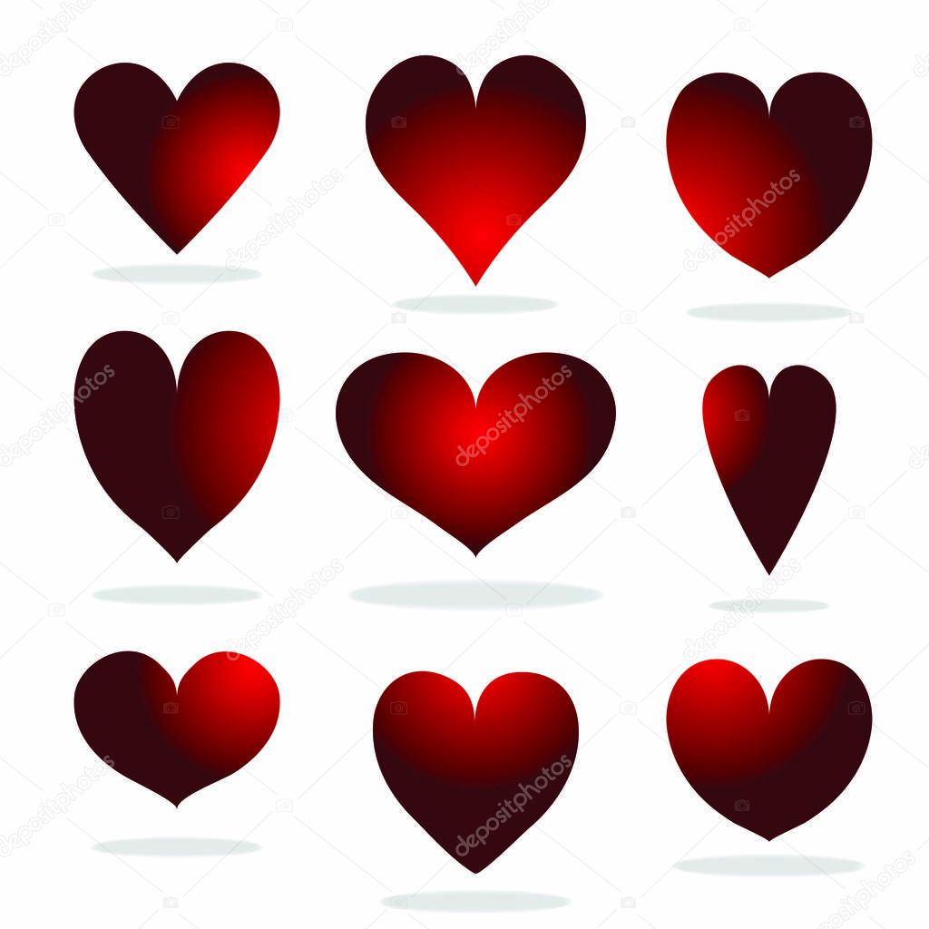 A collection of popular heart shapes, with shadows