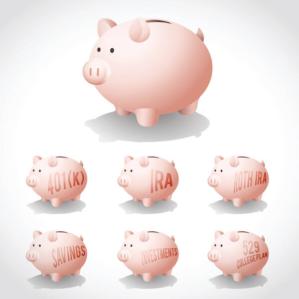 Illustration Piggy Banks with various labels, like 401 (k), IRA, Roth IRA, etc.