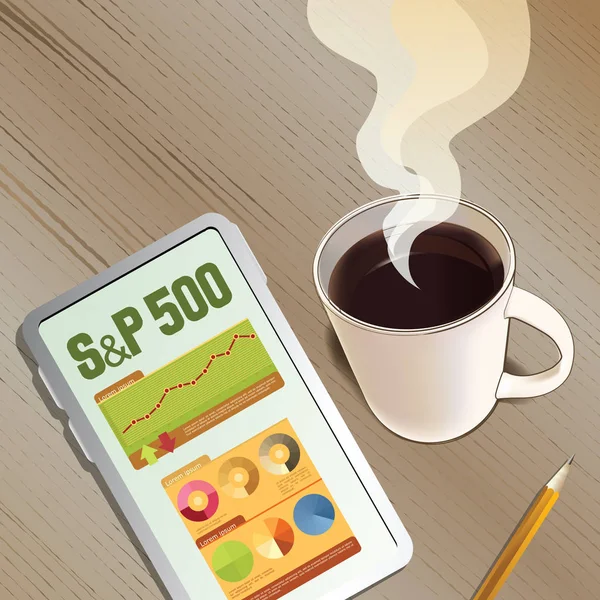 500 Illustration Cup Coffee Accompanied Tablet Pencil Lightly Stained Wooden Stock Vector