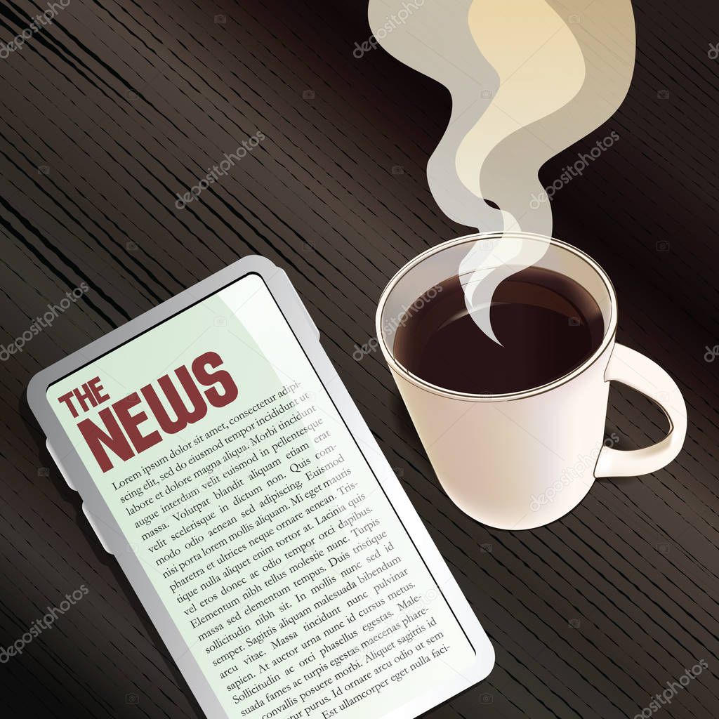 The NEWS - illustration of a cup of coffee accompanied by a tablet, on a dark stained wooden table