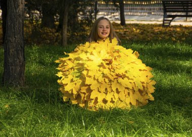 Güzel genç kız sonbahar sarı yapraklarından bir şemsiyeyle parkta yürüyor. Sonbahar zamanı, Eylül, Ekim, Kasım. Yapraklardan el işi. Şehirde yapraklar dökülüyor..