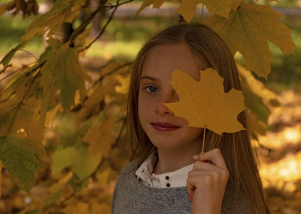 가을에 아름다운 소녀가 공원을 산책 합니다. 가을 단풍나무의 가을 단풍나무 잎. 금발에 눈 과예쁜 여자의 얼굴. 유행하는 여자. — 스톡 사진