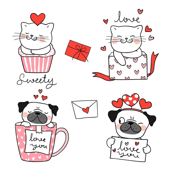 Collezione Disegnata Mano Con Cani Gatti San Valentino — Vettoriale Stock