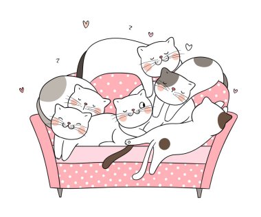 Pembe kanepede vektör kedi uyku çizin. Beyaz üzerine izole edilmiş. Doodle karikatür tarzı