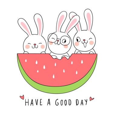 Karpuz ile vektör tavşan çizin. Beyaz üzerine izole edilmiş. Doodle karikatür tarzı