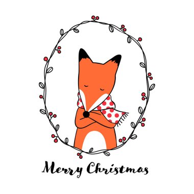 Noel günü için çelenk karakter tasarımı sevimli tilki çizin