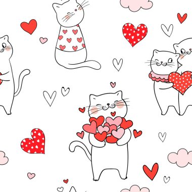Sevgililer için küçük kalp ile Dikişsiz desen kedi