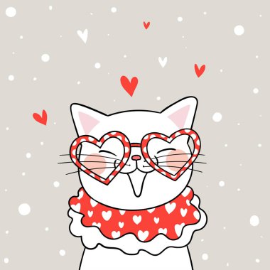 Sevgililer için gözlük kalp ile beyaz kedi çizin