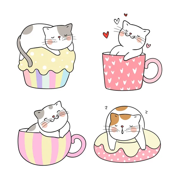 お茶とカップケーキのカップで可愛い猫違うポーズを描くベクトルイラストセット 白で隔離された落書き漫画スタイル — ストックベクタ