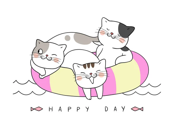 Dibujar Gato Vector Dormir Anillo Natación Verano Time Isolated White — Vector de stock