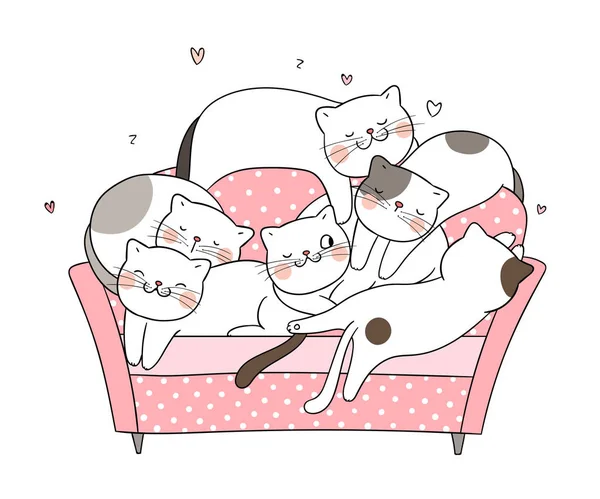 画矢量猫睡在粉红色的软巴上 隔离在白色上 涂鸦卡通风格 — 图库矢量图片