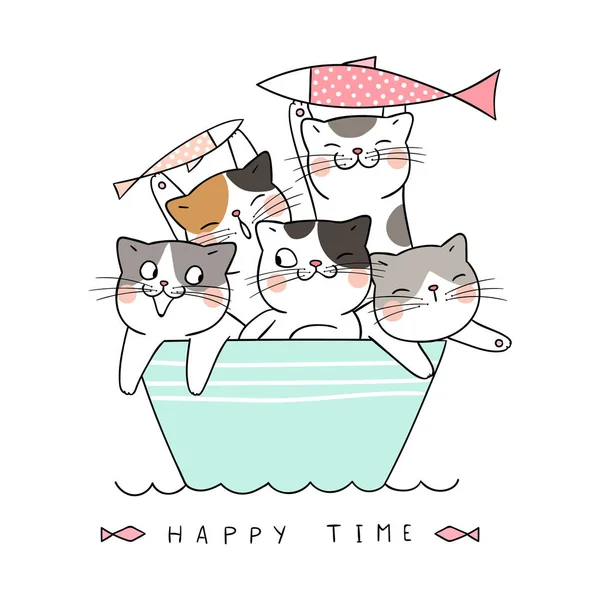 Desenhar Gatos Segurando Peixes Barco —  Vetores de Stock