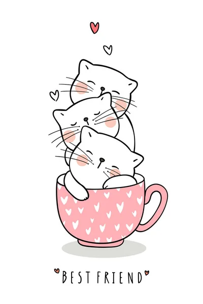 Zeichnen Katzen Schlafen Tasse Tee Rosa Pastell — Stockvektor