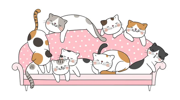 Dessinez Les Chats Dormir Sur Canapé Rose — Image vectorielle