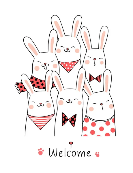 Draw Character Design Cute Rabbit Word Welcome Doodle Cartoon Style — Stock Vector