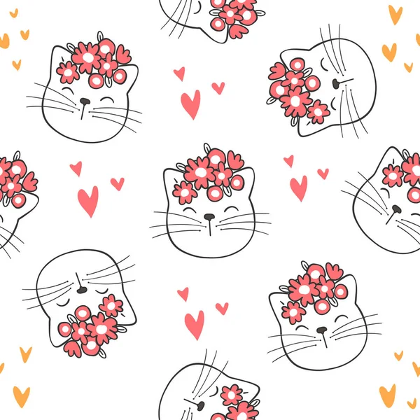 Narysuj Bez Szwu Wzór Ładny Kot Piękno Kwiat Głowie Doodle — Wektor stockowy