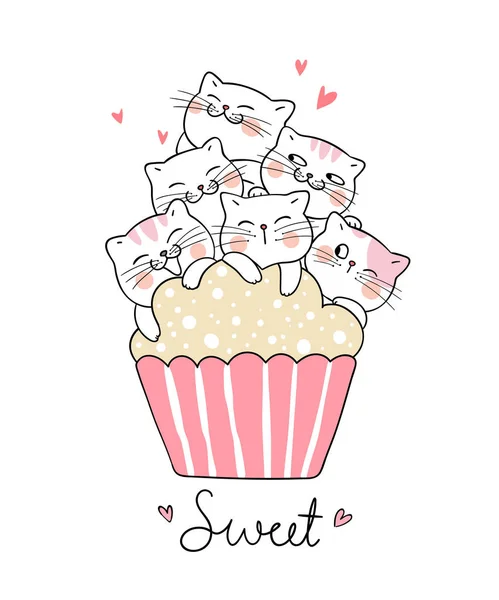 Draw Vector Illustration Cute Cat Sweet Cup Cake Isolated White — Stock Vector