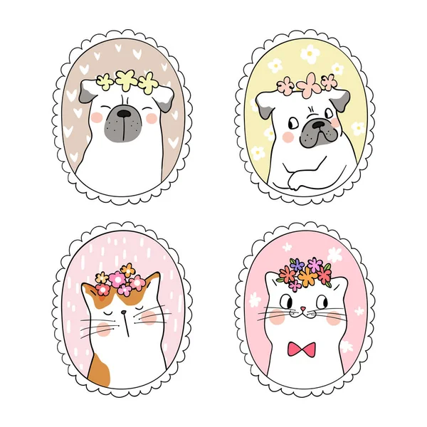 Narysuj Projekt Znaków Ładny Kot Pies Pug Kwiatem Głowie Rocznika — Wektor stockowy