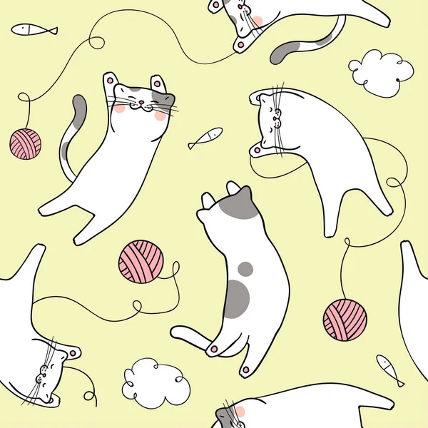 Sarı Pastel Üzerinde Kusursuz Desen Arka Plan Sevimli Kediler Çizin — Stok Vektör