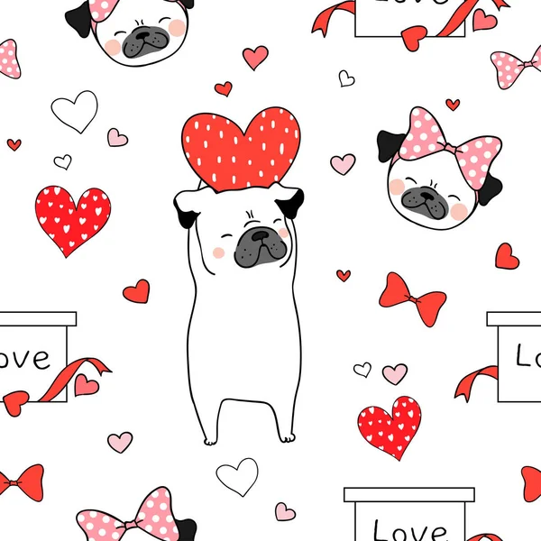 バレンタインデーのための白に赤いハートとシームレスなパターンの背景パグ犬を描きます — ストックベクタ