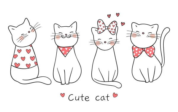 Dibuja Gatos Con Poco Corazón Para San Valentín — Vector de stock