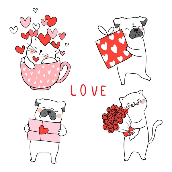 Нарисуйте Векторные Иллюстрации Коллекция Милый Кот Мопс Собака Маленьким Сердцем — стоковый вектор