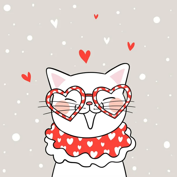 Nakreslete Bílou Kočku Brýlemi Pro Valentýna — Stockový vektor
