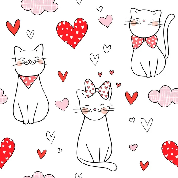 バレンタインのための小さな心を持つシームレスなパターン猫 — ストックベクタ