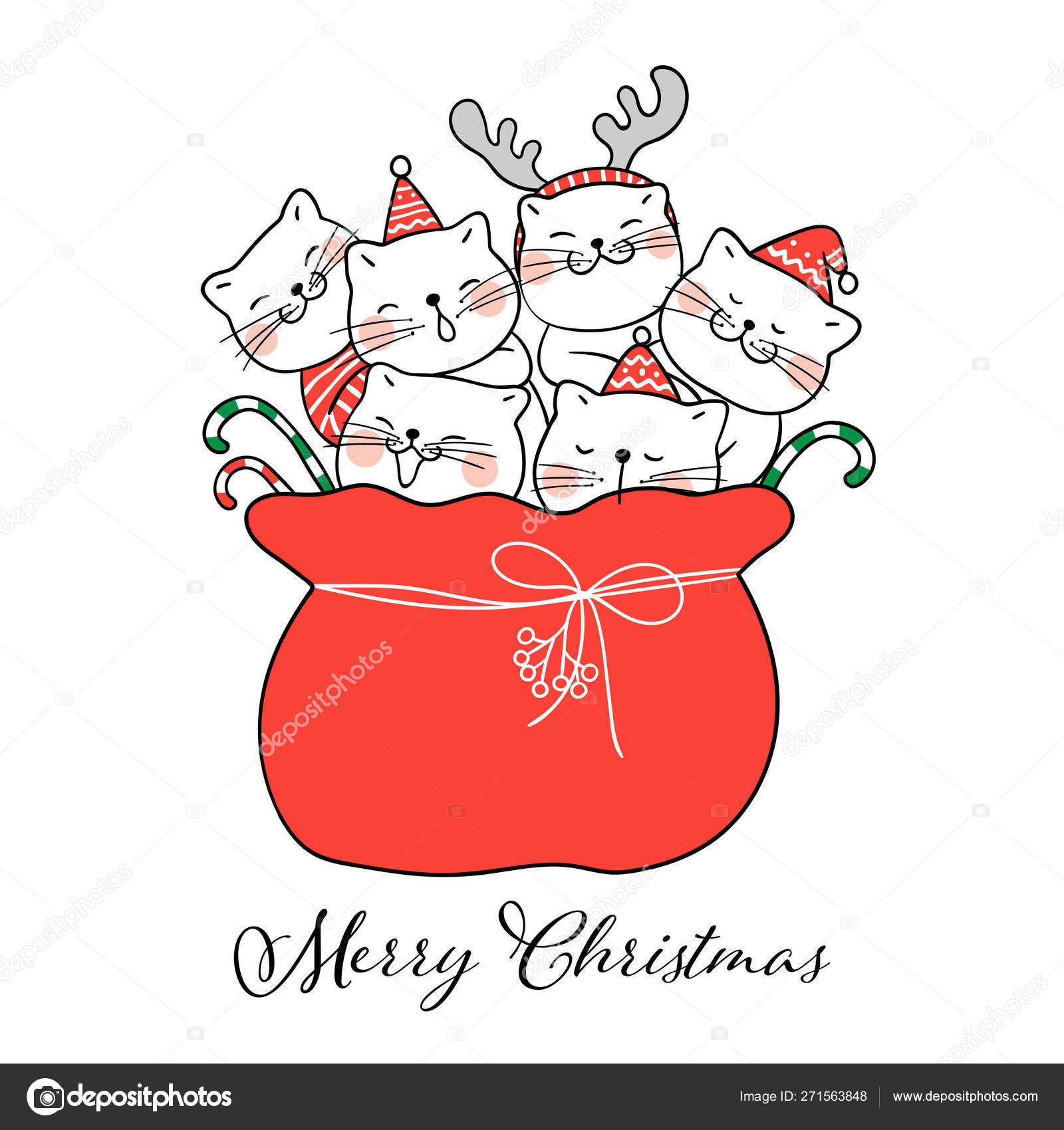 画猫在圣诞老人红色袋与文本快乐圣诞节孤立在白色背景图库矢量图©AnchaleeAr 271563848, image size:1600x1700