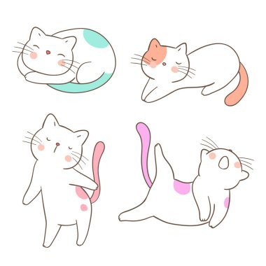 Beyaz arka plan üzerinde izole farklı pozlar sevimli kedi seti çizin